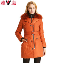 雅鹿品牌冬装中年女士通勤OL中长款羽绒服真大毛领假两件修身外套图片