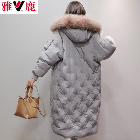 雅鹿品牌冬 韩版大毛领加长款羽绒服女 时尚宽松大码加厚刺绣外衣商品大图