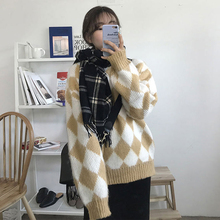 秋冬新款韩版复古格子针织衫上衣学生宽松显瘦长袖套头毛衣外套女