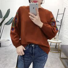 C-J33蝙蝠袖刺绣针织衫 春秋打底女装新款圆领套头毛衣