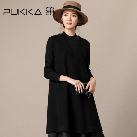 Pukka蒲牌棉羊毛呢连衣裙女原创设计女装秋冬装女2018新款商品大图