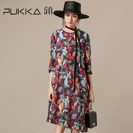 Pukka蒲牌桑蚕丝真丝棉印花连衣裙女原创设计女装春装女2019新款商品大图