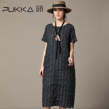 Pukka蒲牌冰丝短袖格纹连衣裙女原创设计大码女装夏装2018新款女图片