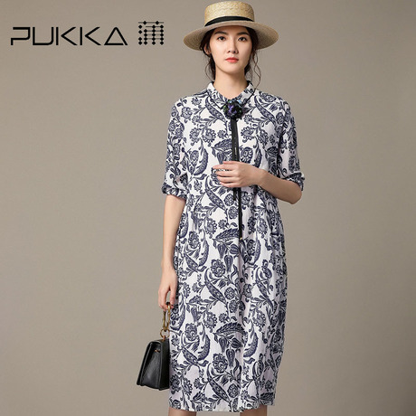 Pukka蒲牌印花棉七分袖连衣裙女原创设计大码女装秋装2018新款女商品大图