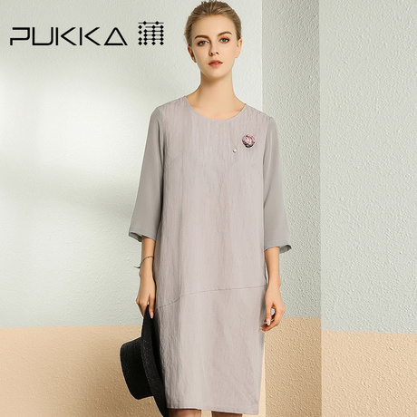 Pukka/蒲牌春装新款原创设计棉麻女装真丝拼接棉麻连衣裙商品大图