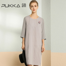 Pukka/蒲牌春装新款原创设计棉麻女装真丝拼接棉麻连衣裙图片
