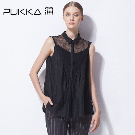 Pukka蒲牌棉质镂空拼接无袖衬衫女原创设计大码女装2018秋装新款商品大图