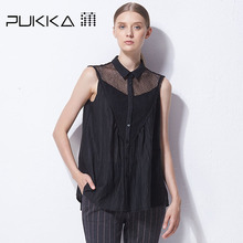 Pukka蒲牌棉质镂空拼接无袖衬衫女原创设计大码女装2018秋装新款图片