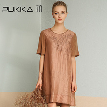Pukka蒲牌天丝亚麻绣花连衣裙女真丝拼接原创设计夏装2018新款女图片