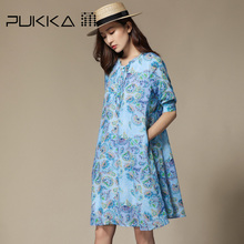 Pukka蒲牌苎麻印花连衣裙女原创设计大码女装夏装2018新款女图片