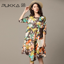 Pukka蒲牌真丝棉印花连衣裙女原创设计大码女装秋装2018新款女图片