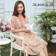 Pukka蒲牌苎麻印花连衣裙女七分袖原创设计女装秋装2018新款女图片