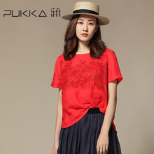 Pukka/蒲牌2018夏装新款原创设计大码女装绣花苎麻套头衬衫图片