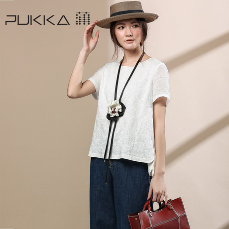 Pukka/蒲牌2018夏装新款原创设计棉麻女装绣花苎麻短袖套头衬衫商品大图