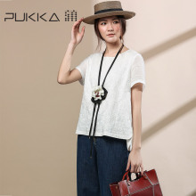 Pukka/蒲牌2018夏装新款原创设计棉麻女装绣花苎麻短袖套头衬衫图片