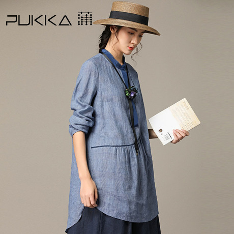 Pukka蒲牌拼接亚麻长袖衬衫女原创设计大码女装2018秋装新款商品大图