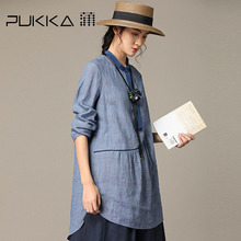 Pukka蒲牌拼接亚麻长袖衬衫女原创设计大码女装2018秋装新款图片