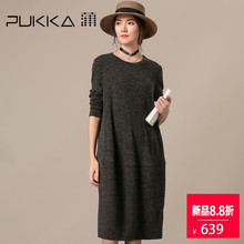 Pukka蒲牌针织棉长袖连衣裙女原创设计大码女装2018秋装新款图片