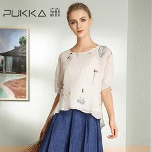 Pukka/蒲牌2018夏装新款原创设计女装冰丝套头绣花短袖衬衫图片