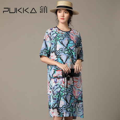 Pukka蒲牌印花苎麻中袖连衣裙女原创设计大码女装夏装2018新款女商品大图