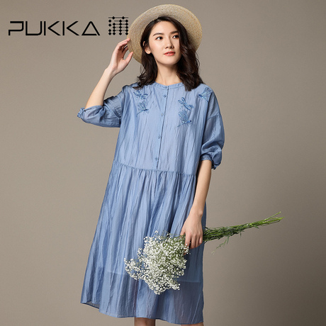 Pukka蒲牌天丝刺绣连衣裙女七分袖原创设计女装夏装2018新款女商品大图