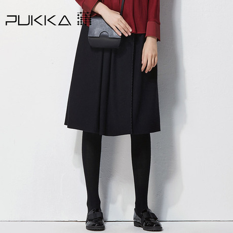 Pukka/蒲牌秋冬新款原创设计大码女装褶皱羊毛半身裙中裙商品大图