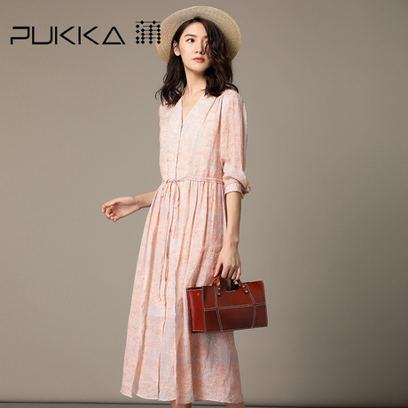 Pukka蒲牌苎麻印花连衣裙女系带原创设计大码女装秋装2018新款女商品大图