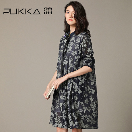 Pukka蒲牌天丝印花长袖连衣裙女原创设计大码女装2018秋装新款商品大图