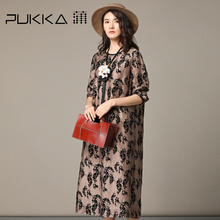 Pukka蒲牌天丝亚麻绣花连衣裙女原创设计大码女装2018秋装新款图片