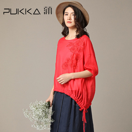 Pukka蒲牌苎麻绣花套头衬衫女原创设计大码女装2018秋装新款商品大图