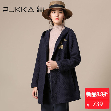 Pukka蒲牌全棉绣花连帽短外套女原创设计大码女装2018秋装新款商品大图