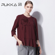 Pukka蒲牌全棉绣花T恤女原创设计大码女装2018秋装新款商场同款图片
