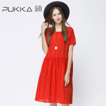 Pukka/蒲牌2018夏装新款商场同款原创设计女装圆领苎麻连衣裙图片