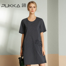 Pukka/蒲牌2018夏装新款原创设计大码女装条纹棉质绣花短袖连衣裙图片