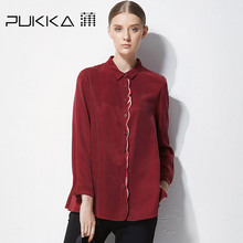Pukka/蒲牌秋装新款原创设计大码女装翻领铜氨丝绣花长袖衬衫图片