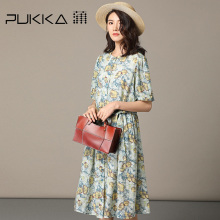 Pukka蒲牌苎麻印花连衣裙女中袖原创设计大码女装2018秋装新款图片