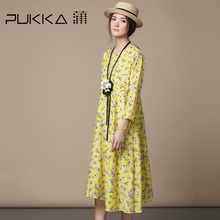 Pukka蒲牌真丝棉印花连衣裙女原创设计女装夏装2018新款女图片