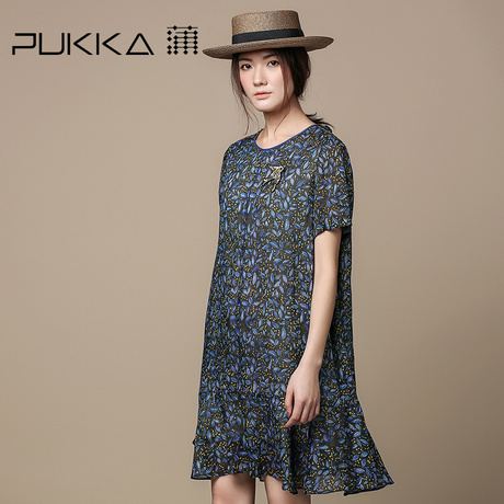 Pukka/蒲牌真丝亚麻印花连衣裙女短袖原创设计女装夏装2018新款女商品大图