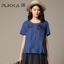 Pukka/蒲牌2018夏装新款原创设计女装圆领绣花亚麻套头衬衫上衣图片