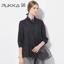 Pukka蒲牌棉质蕾丝拼接衬衫女原创设计大码女装2018秋装新款图片