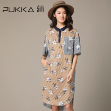 Pukka蒲牌印花棉拼接连衣裙女原创设计大码女装2018秋装新款图片