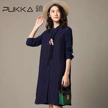 Pukka蒲牌棉麻连衣裙女真丝拼接原创设计大码女装2018秋装新款图片