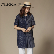 Pukka蒲牌棉麻印花衬衫女拼接原创设计大码女装夏装2018新款女图片