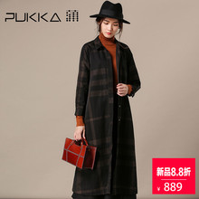 Pukka蒲牌格纹棉质风衣外套女长袖原创设计大码女装2018秋装新款图片