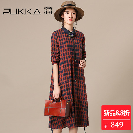 Pukka蒲牌全棉格纹长袖连衣裙女原创设计大码女装2018秋装新款商品大图