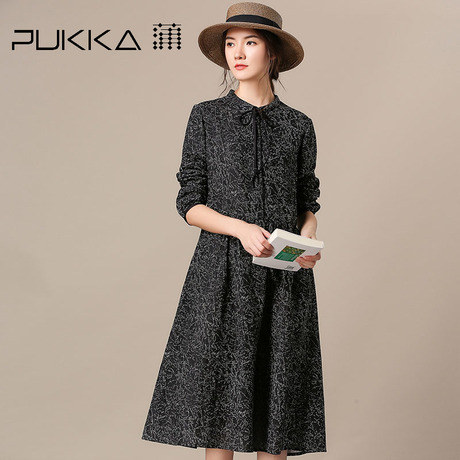Pukka蒲牌全棉印花系带连衣裙女原创设计大码女装2018秋装新款商品大图