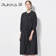 Pukka蒲牌棉质系带七分袖连衣裙女原创设计大码女装2018秋装新款图片