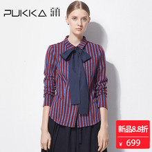 Pukka蒲牌棉羊毛呢条纹衬衫女原创设计大码女装秋冬装女2018新款图片