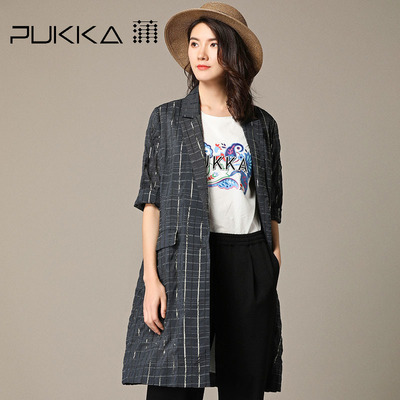 Pukka蒲牌冰丝西装外套风衣女原创设计大码女装2018秋装新款