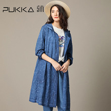 Pukka蒲牌全棉印花连帽风衣外套女原创设计大码女装2018秋装新款图片